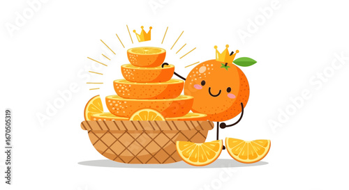 Citrus Royalty An Orange Cartoon Character Guarding A Delicious Orange Pyramid