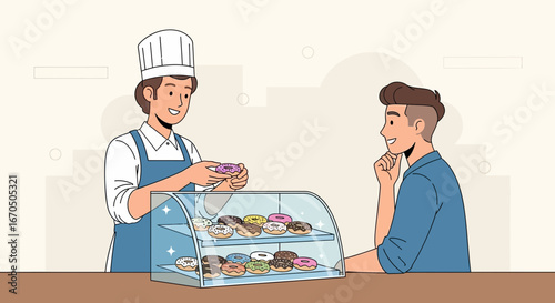 Choosing Fresh Donut From Bakery Showcase Display By A Friendly Baker