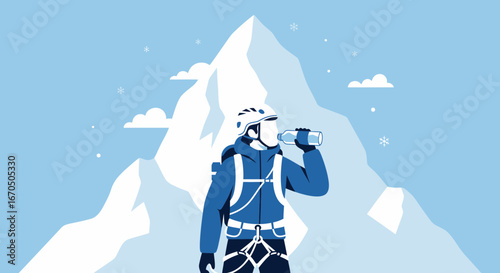 Climber Hydrating On Mountain Peak During Winter Adventure Illustration