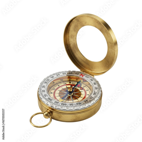 Antique golden pocket compass with open lid revealing intricate dial nautical navigation tool transparent background
