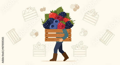 Berry Harvest Season Farmer Carrying Freshly Picked Fruits From The Orchard