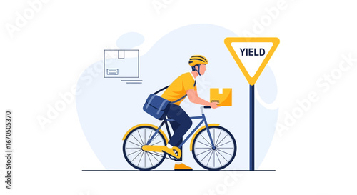 Bicycle Delivery Man With Package Next To Yield Sign Illustration Concept