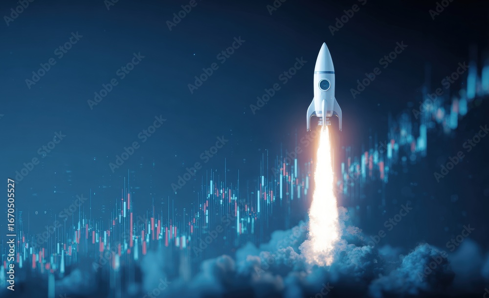 Fototapeta premium Rocket launching into a digitally generated sky, with rising stock market data