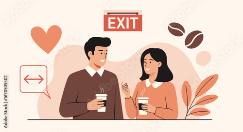 Coffee Meeting Break Couple Enjoying Conversation Outside Office Exit Sign