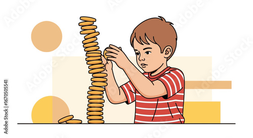 Concentrated Boy Stacking Discs Into Tall Tower Developing Focus And Fine Motor Skills