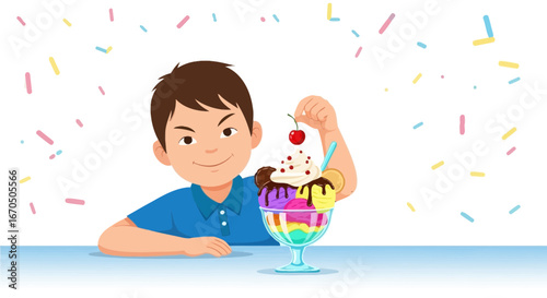 Boy Enjoying A Delicious Sundae With Sprinkles Illustration Ready To Eat