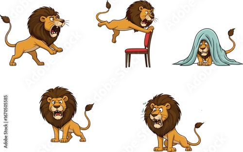 Funny cartoon lion showing fear and anxiety, scared reactions, emotions, hiding under blanket, jumping in fear, expressive animal behavior.