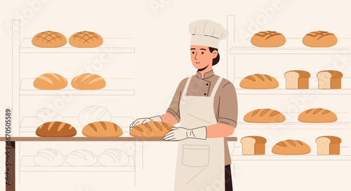 Confident Baker Arranging Freshly Baked Loaves in a Bright Bakery Interior