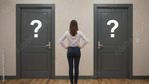 Wallpaper Mural Woman choosing between two doors with question marks Torontodigital.ca