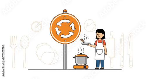 Cooking Process Illustration With Recycle Symbol For Sustainable Food Choices Concept