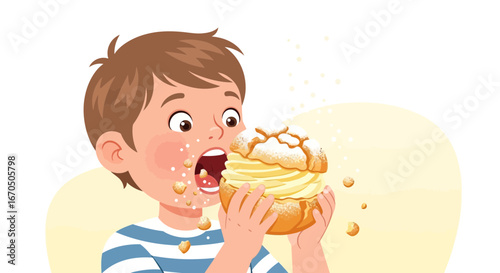 Boy Enjoying Large Cream Puff Delighting Young Palate Cartoon Vector Illustration