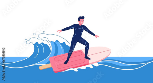 Cool Summer Adventure Man Surfing with Popsicle Board in Blue Sea Wave