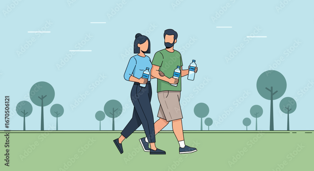 Fototapeta premium Couple Walking Together Through A Park Enjoying Outdoor Activity And Hydration