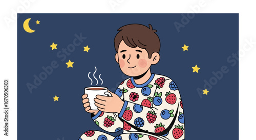 Cozy Evening Scene Boy in Pajamas Enjoying a Hot Drink Under Starry Sky