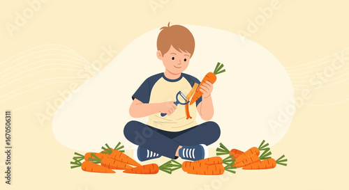 Boy Peels Carrots for Healthy Snack, Preparing Food With Child's Innocence