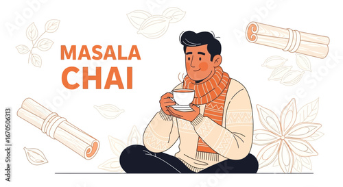 Cozy Illustration Of A Man Enjoying Hot Masala Chai Surrounded By Warming Spices