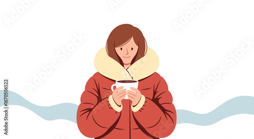 Cozy Winter Warmth Woman Enjoys Hot Drink In Puffer Coat Outside