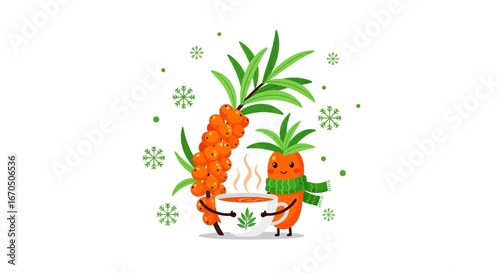 Cozy Winter Scene with Sea Buckthorn Berries Tea and Cute Characters