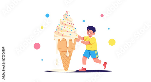 Boy Struggles With Oversized Ice Cream Cone Delightful Childhood Moment Illustration