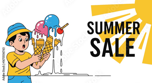 Boy With Melting Ice Cream Cones Announcing Summer Sale Discount And Promotion