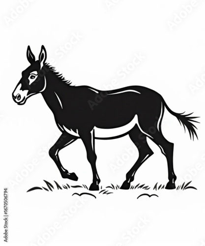 mule Silhouette in Motion: A striking silhouette of a donkey in mid-stride, rendered in bold lines against a plain background, perfect for conveying motion and animal form in graphic design.