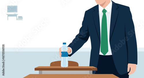 Businessman Places Water Bottle On Desk In Office Or Meeting Room