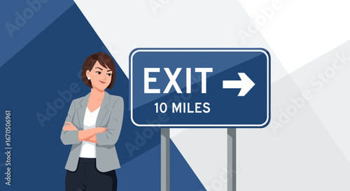 Businesswoman Stands Near Exit Sign Advising of 10 Miles Ahead Location
