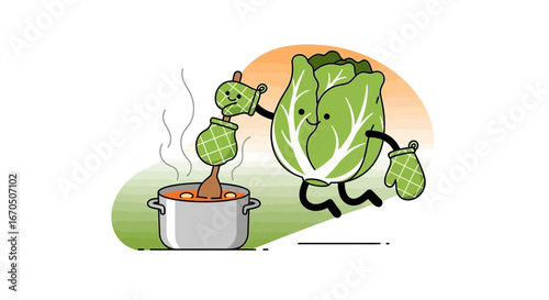 Cabbage Cartoon Cooking Illustration Happy Kitchen Time Vegetables Characters