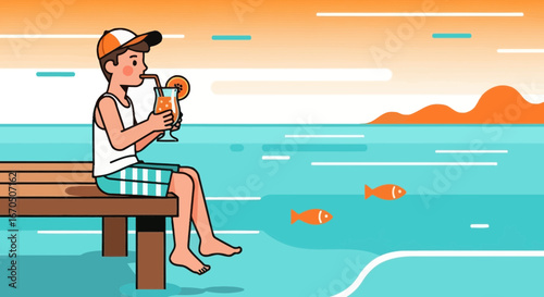 Carefree Summer Scene Featuring Relaxing Man With a Refreshing Drink