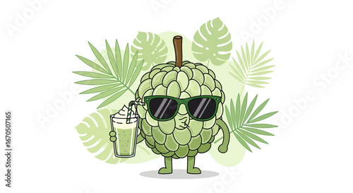 Custard Apple With Sunglasses Enjoying a Refreshing Green Juice and Tropical Leaves
