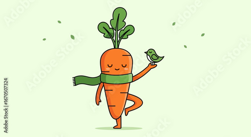 Cute Carrot Meditating With a Bird on Hand Relaxing Cartoon Design