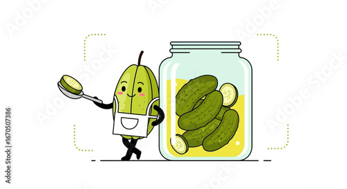 Cute Cartoon Pickle Character Presenting Jar Full Of Dill Pickles Isolated