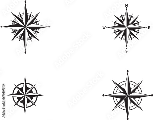 Black vector compass rose, simple design, white background, SVG cut file, flat shape.eps
