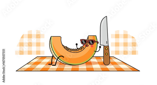 Cartoon Cantaloupe Slice With Sunglasses Chilling With Knife on Picnic Blanket