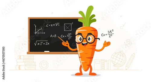 Cartoon Carrot Teacher Explaining Mathematical Formulas on the Blackboard with Pointer