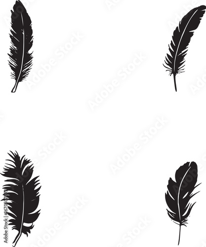 Black vector feather silhouettes set on a white background, a collection of various bird feathers, in a simple flat style design, with simple shapes and a minimalist style, vector illustration, .eps