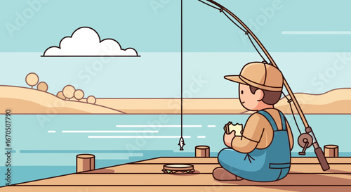 Cartoon Fisherman Relaxing On Dock Eating A Sandwich In Sunny Day