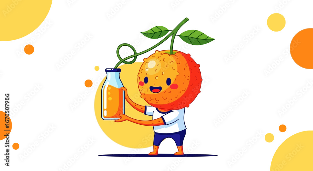 Fototapeta premium Cartoon Lychee Character Offering Fresh Juice in a Stylish Bottle Design