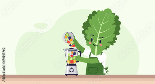 Cartoon Leaf Character Making Healthy Smoothie With Fruits in Blender