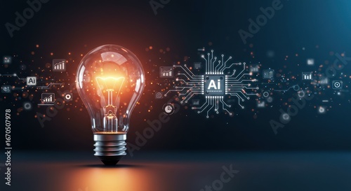Lightbulb glows with artificial intelligence icon and network on a dark background.