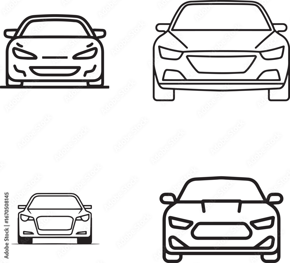 Obraz premium Car icon, simple line art style, minimalist design, black outline on white background, front view, simple and elegant with no details or shading, suitable for tech-themed projects.eps