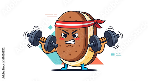 Cartoon Sandwich Lifts Weights With Determination Showing Workout and Fitness