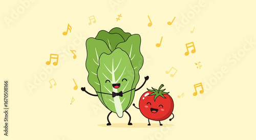 Dancing Vegetables Illustration Featuring Happy Lettuce and Tomato Characters