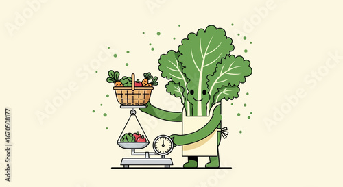 Cartoon Vegetable Weighing Harvested Produce On Scales In A Cute Vector Illustration