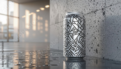 Abstract patterned beverage can on wet floor in modern interior  