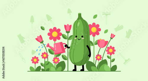 Cartoon Zucchini Gardening And Watering Flowers With Smiling Face Illustration