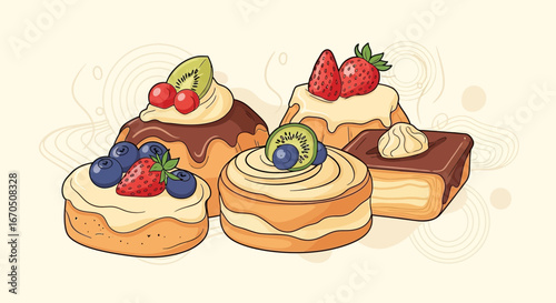 Delicious Assortment Of Pastries Featuring Strawberries Blueberries And Chocolate Drizzle