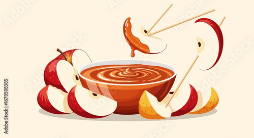 Delicious Caramel Apple Dip With Fresh Sliced Apples And Wooden Skewers