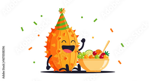 Celebrating Kiwano Fruit Cartoon Character at Party with Fresh Fruit Salad
