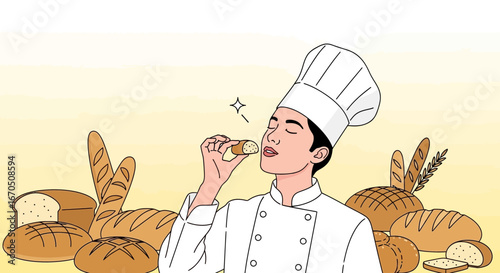 Delighted Baker Sampling Fresh Bread Amidst Abundance Of Artisan Loaves
